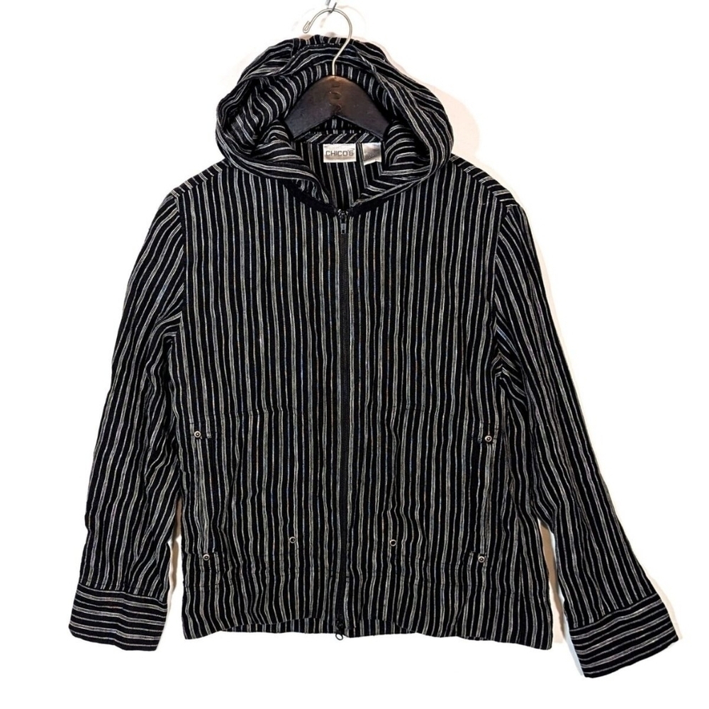 Chico's 100% Linen Black Striped Zip Up Jacket 3/XL